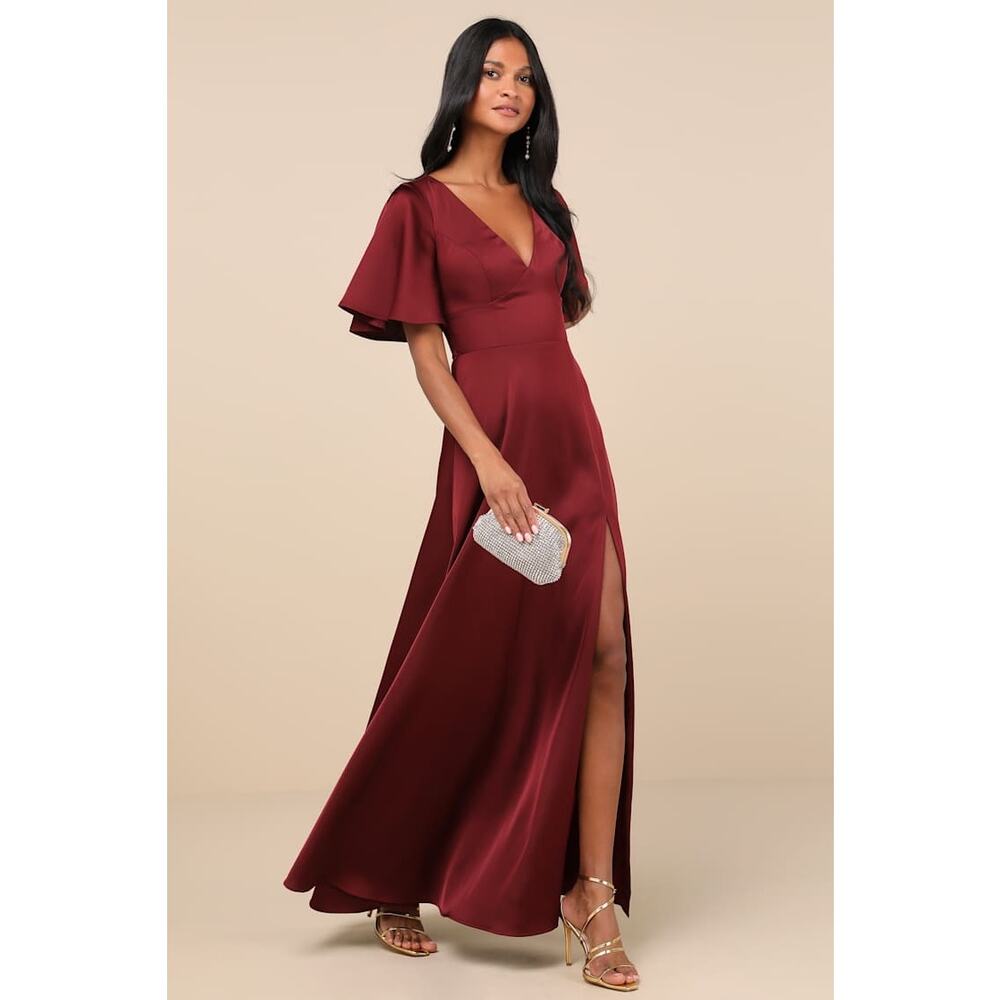 NWT Lulus Elegant Confidence Red Satin Flutter Sleeve Cutout Maxi Dress Size XL